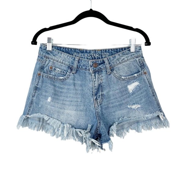 Vanilla Star Woman's Sz 9 Light Wash Fringe Festival Denim Cut‎ Off Shorts - Picture 1 of 7